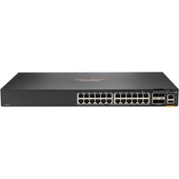 Black HPE Aruba Networking switch with 24 Ethernet ports, 4 SFP+ ports, and PoE capability in a 1U rack-mount design.
