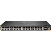 Black HPE Aruba switch with 48 Ethernet ports, 4 SFP+ ports, and PoE capability, featuring a sleek rectangular design.