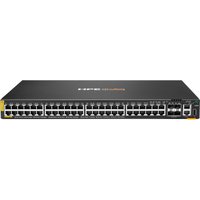 Black HPE Aruba Networking CX 6200F switch with 48 Ethernet ports, 4 SFP+ ports, and yellow accents on the sides.
