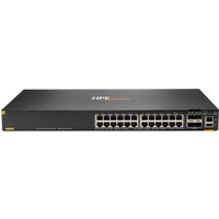 Black HPE Aruba Networking CX 6300F switch with 24 1GbE ports, 4 SFP5 ports, and yellow accents.
