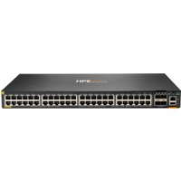 Black HPE Aruba networking switch with 48 Ethernet ports and 4 SFP5 ports, compact rectangular design.