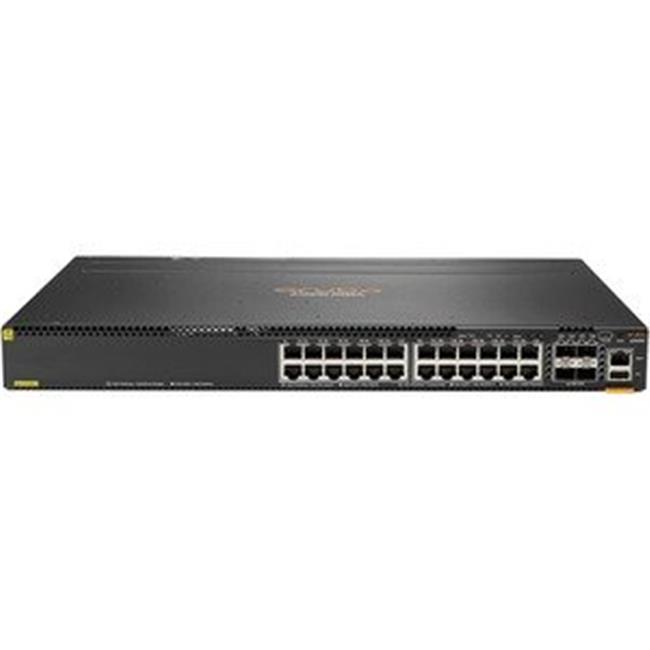 Black HPE Aruba Networking CX 6300M switch featuring 24 1GbE ports with Class 4 PoE and 4 SFP5 ports, designed for robust network connectivity and management.