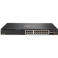 HPE Aruba Networking CX 6300M switch, black, 24 Smart Rate ports, compact design, front-facing ports and indicators.