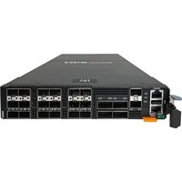 Black HPE Aruba network switch with multiple SFP28 and QSFP28 ports, rectangular design, and front-facing connectors.