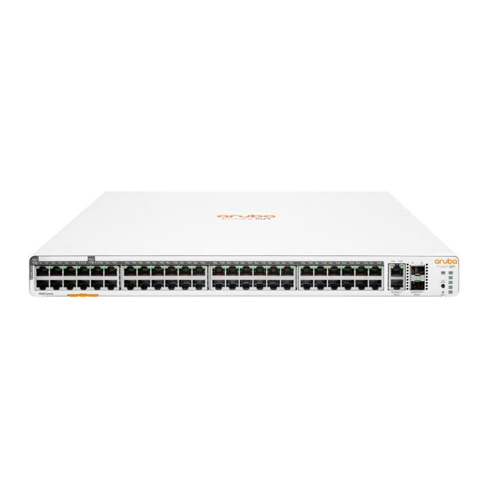 White networking switch with 48 Gigabit Ethernet ports, 40 PoE ports, 8 Class 6 PoE ports, and 2 10-Gigabit SFP+ ports, featuring an orange Aruba logo on the front.