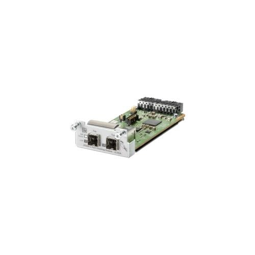 HPE Aruba Networking JL325AR Network Switch Module features a green circuit board with silver connectors, two Ethernet ports, and multiple slots for additional components.