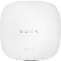 White HPE Aruba Instant On indoor access point, square with rounded edges, embossed logo, and bottom ports.