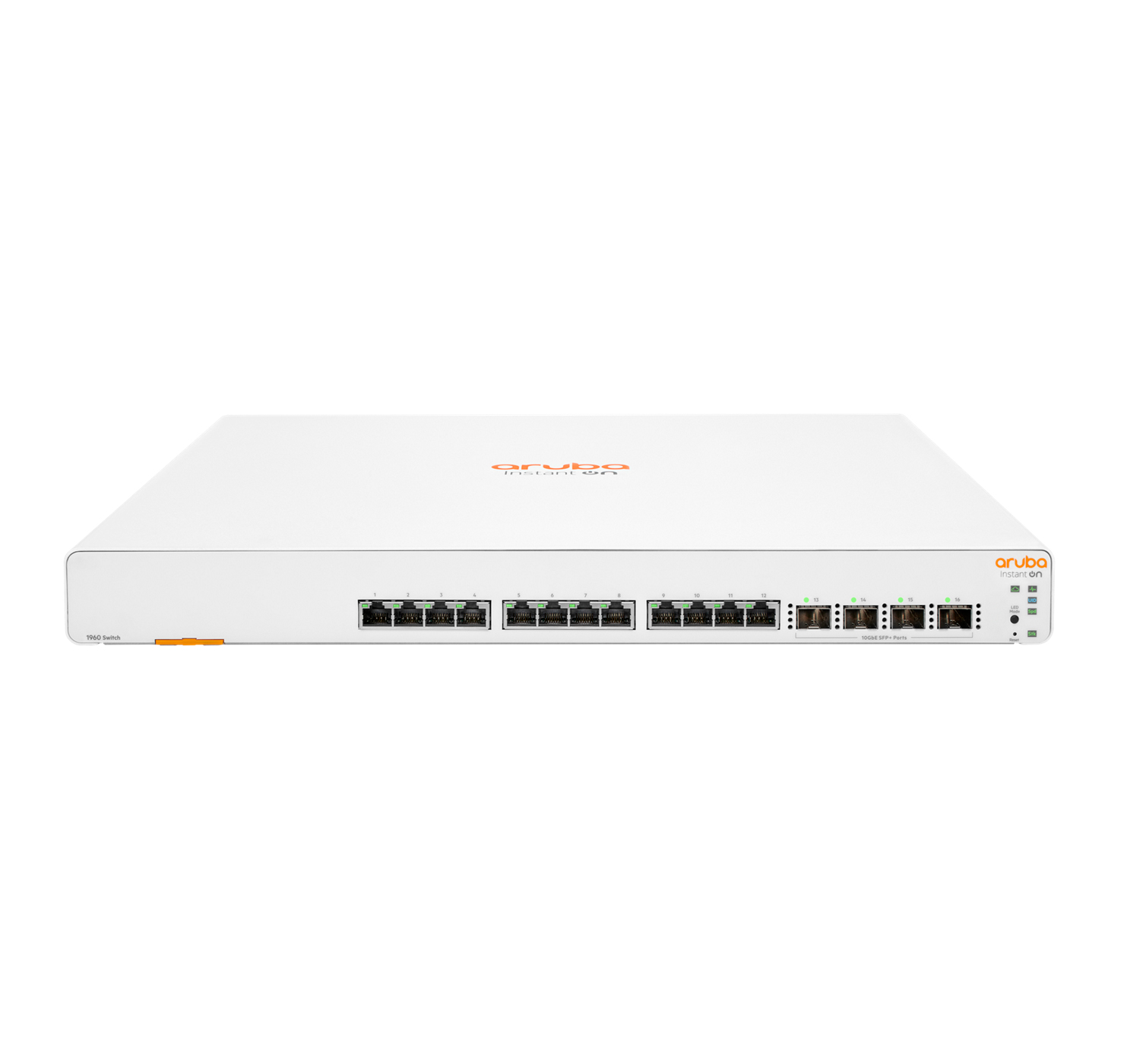 White HPE Aruba Networking Instant On Switch with 12 ports, including 10GBASE-T and 4 SFP+ slots, featuring an orange logo and sleek, minimalist design.