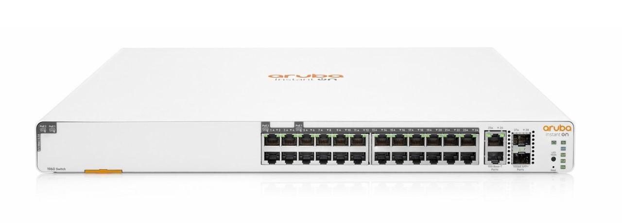 White HPE Aruba Instant On Switch with 20 Gigabit ports, featuring a sleek design, LED indicators, and a compact form factor for efficient networking solutions.