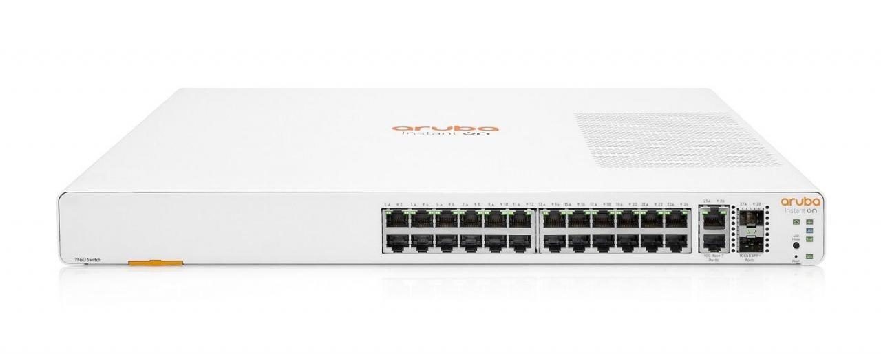 White HPE Aruba Instant On switch with 24 Gigabit Ethernet ports, 2 10G SFP+ uplink ports, and a sleek, minimalist design featuring the Aruba logo.
