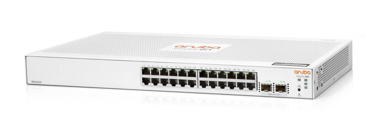 White HPE Aruba Instant On 1830 switch with 24 Gigabit Ethernet ports, 2 SFP ports, and a textured top, featuring the "aruba instant on" logo prominently displayed.