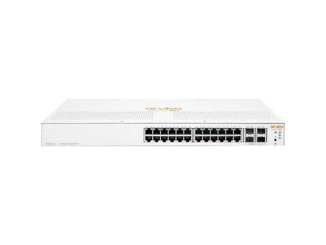 HPE Aruba Instant On Switch in white, featuring 24 Gigabit Ethernet ports and 4 SFP+ ports, with a sleek, flat design and orange "Aruba" logo on the top.