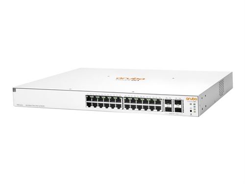 White networking switch with 24 Gigabit Ethernet ports, 4 SFP/SFP+ slots, and an orange "Aruba" logo on the front, designed for PoE applications.