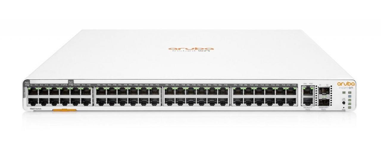White HPE Aruba Instant On Switch with 40 Gigabit ports, featuring a sleek design, multiple Ethernet ports, and an orange accent on the front for easy identification.