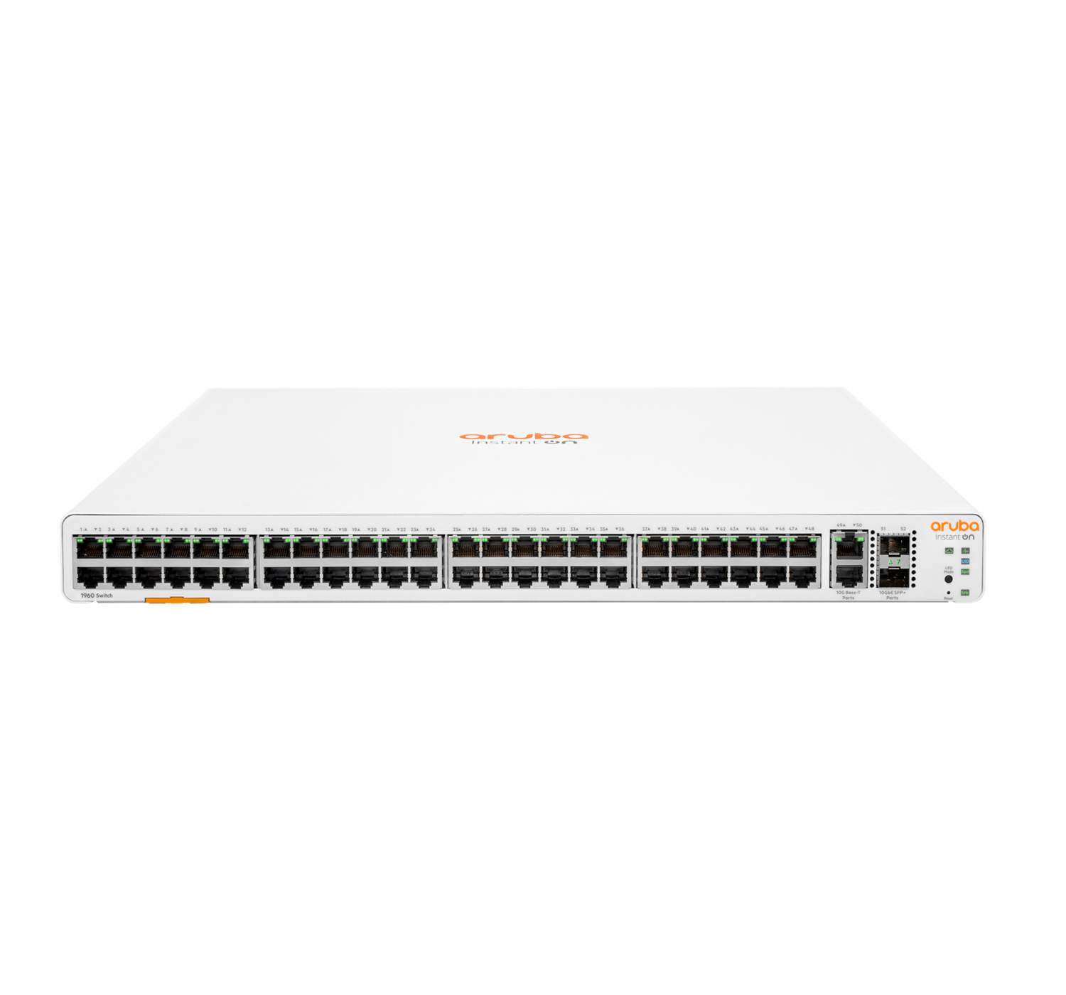White rack-mountable switch with 48 Gigabit Ethernet ports, SFP+ slots, and an orange Aruba logo on the front, designed for smart management and efficient networking.