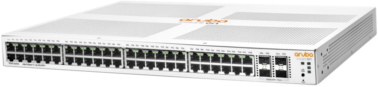 HPE Aruba Instant On Switch with 48 Gigabit Ethernet ports, 4 SFP+ slots, white metal casing, and orange "aruba" logo on top.