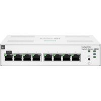 HPE Aruba white 8-port Gigabit switch with LED indicators and labeled ports, compact rectangular design.