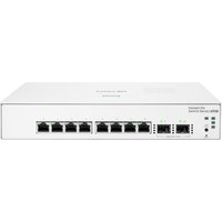 White HPE Aruba Instant On Switch with 8 Gigabit ports, 2 SFP ports, compact design, and LED indicators.