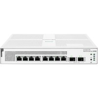 White HPE Aruba 8-port Gigabit switch with PoE, compact design, front-facing ports, and ventilation slots.