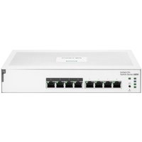 White HPE Aruba 8-port Gigabit switch with PoE, compact rectangular design, front-facing ports.