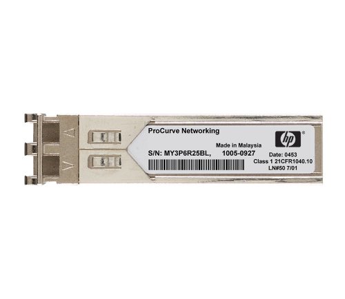HPE SFP+ module in silver metal casing with two LC connectors, labeled with serial number and specifications, designed for 10GBase-SR networking applications.