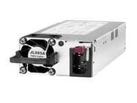HPE Aruba Networking X371 power supply unit in silver metal casing with a black fan, featuring a red connector and labeled specifications on the top.