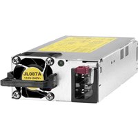 Rectangular silver HPE Aruba power supply with cooling fan, yellow label, and red connector port.