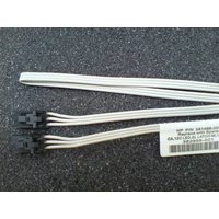 White HPE cable set with black connectors and attached label on a textured dark surface.