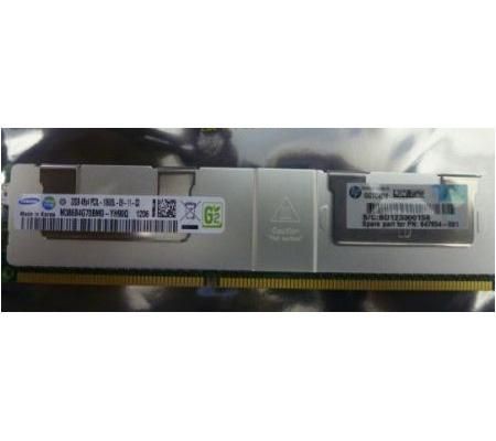 HPE DIMM memory module with a silver and green design, featuring one 32GB chip, labeled with product information and barcodes on a black and gold circuit board.