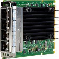 HPE Intel I350-T4 Ethernet adapter with green circuit board, black heatsink, and four RJ-45 ports on the left side.