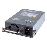 Gray metal power supply unit for HPE JD362A network switch, featuring a fan vent, power connectors, and various certification labels on the side.