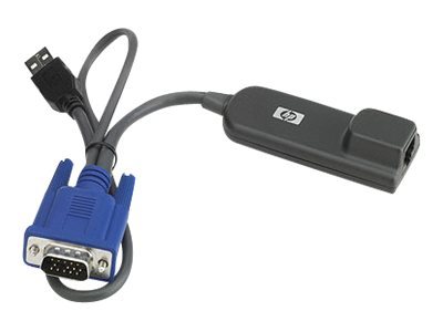 HPE KVM CAT5 USB interface adapter cable featuring a black plastic connector with a USB end and a blue VGA connector, designed for connecting KVM switches.