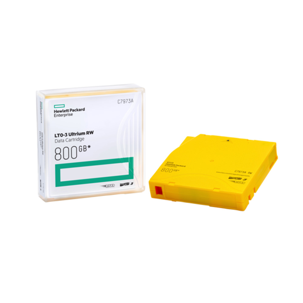 Yellow LTO Ultrium 3 tape cartridge with a clear plastic case, labeled with "Hewlett Packard Enterprise" and "800GB," featuring a compact design for data storage.