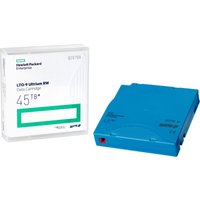 Blue HPE LTO-9 Ultrium 45TB data cartridge with white packaging featuring green and black text.