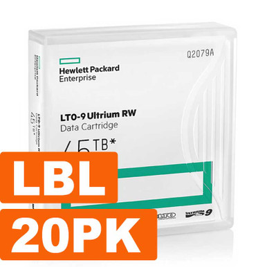 Clear plastic case containing HPE LTO-9 Ultrium data cartridges, labeled 45TB, with a prominent orange "LBL 20PK" sticker indicating a pack of 20 cartridges.