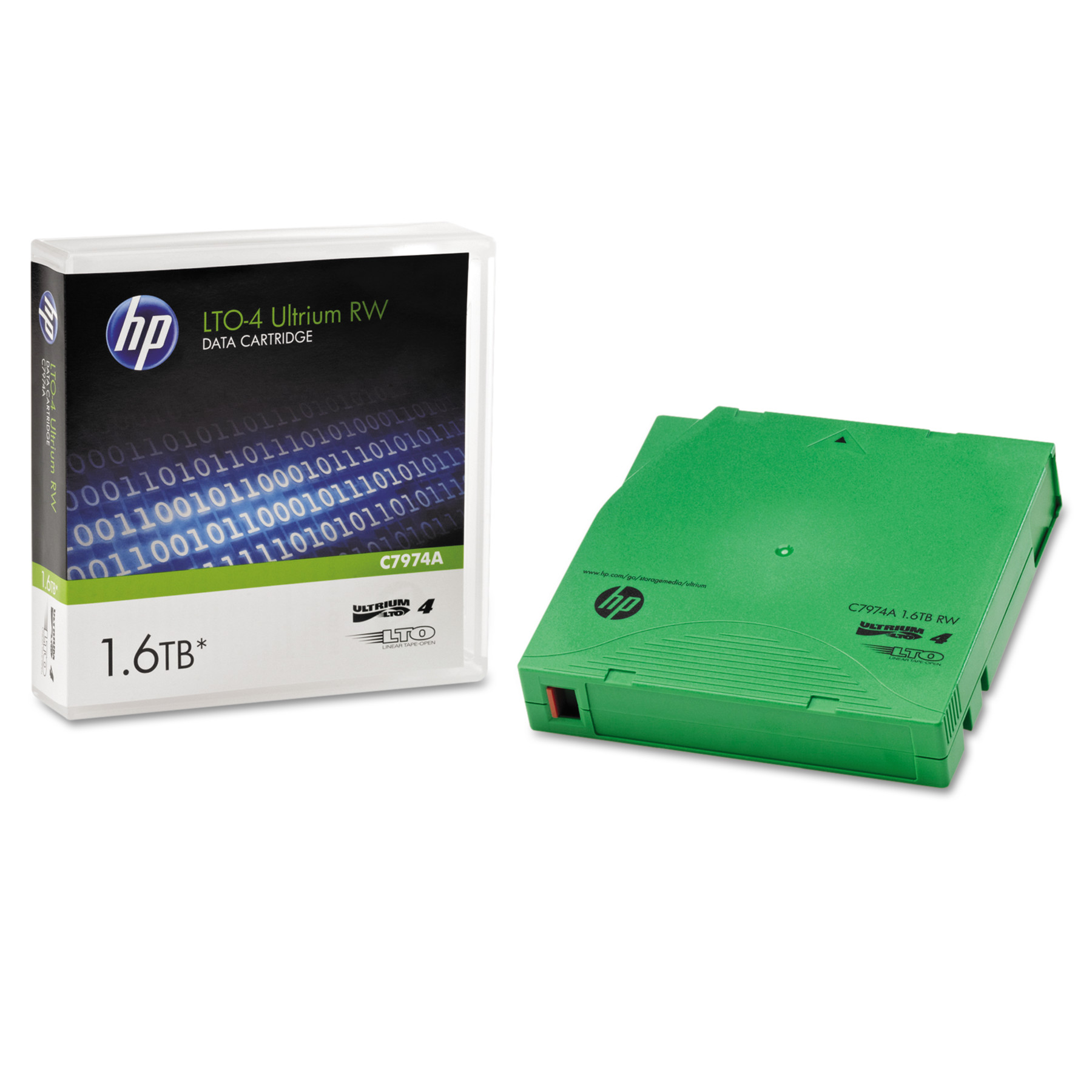 Green HP LTO Ultrium 4 data cartridge with a capacity of 800GB, packaged in a white box featuring binary code graphics and product details.
