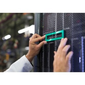 HPE Microsvr Gen10 NHP SFF Convert Kit, featuring a green plastic label being attached to a black perforated metal surface, with a hand in a white lab coat.