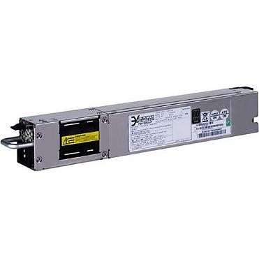 Silver metal power supply unit with a sleek design, featuring a yellow warning label, connection ports, and detailed specifications on the side, labeled "HPE Networking 58x0AF 650W AC."