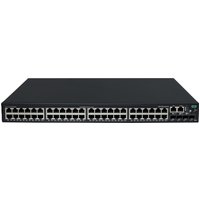 Black HPE networking switch with 48 Ethernet ports, 4 SFP+ ports, and PoE+ capability, rectangular design.