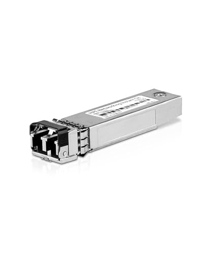Silver metal transceiver with a compact design, featuring an LC connector at one end and a label detailing specifications, suitable for high-speed networking.