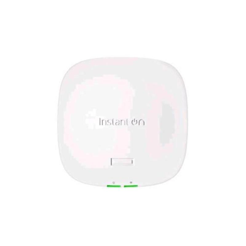 White rectangular wireless access point with rounded edges, featuring "Instant On" branding, a small LED indicator, and two green ports at the bottom for connectivity.