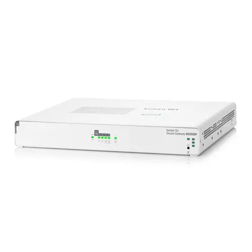 White HPE Networking Instant On Secure SG2505P Gateway/controller with LED indicators, ventilation slots, and a sleek, compact design suitable for network management.
