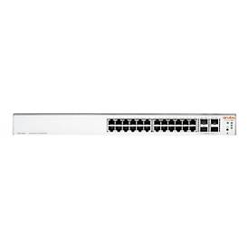 HPE Networking Instant On Switch with 24 Gigabit Ethernet ports, 4 SFP+ slots, sleek white metal casing, and LED indicators for power and connectivity status.