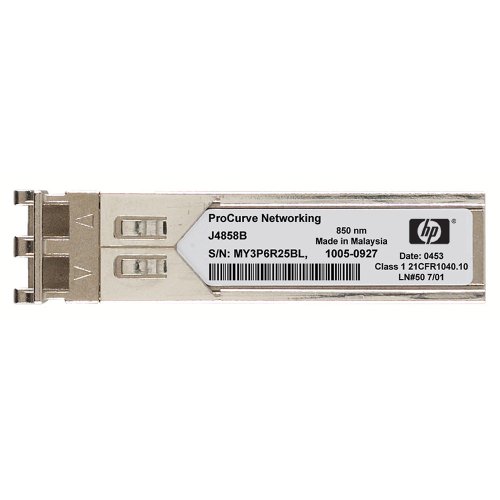 HPE SFP module in silver metal casing with two LC connectors, labeled with product details and serial number, designed for 1000Base-LX network applications.