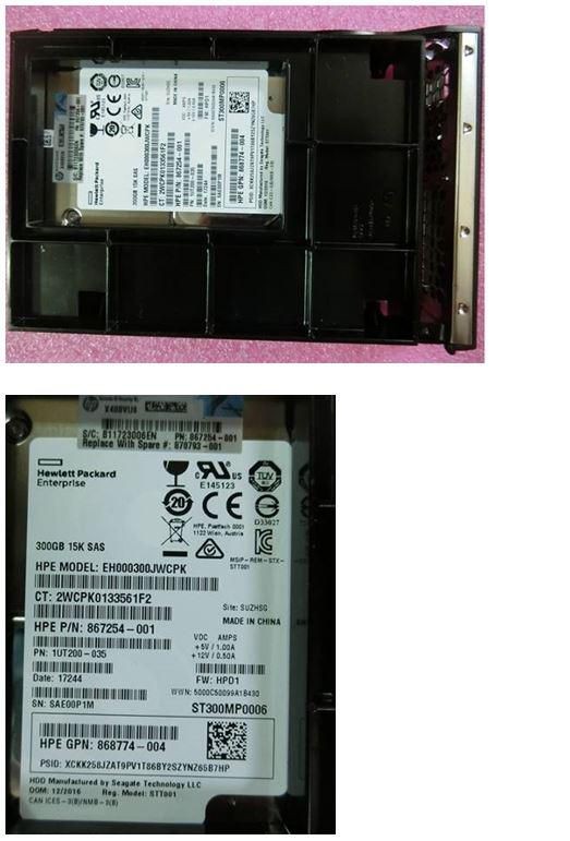 HPE 300GB 12G 15K LFF DRV HDD with a black casing, featuring a label with model and serial numbers, mounted in a pink protective enclosure.