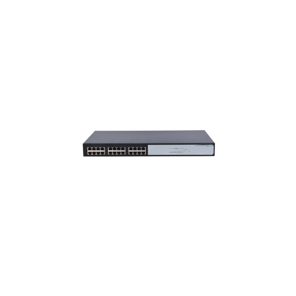 Black metal network switch with 24 Gigabit Ethernet ports, a sleek 1U design, and a silver label on the front indicating model details.