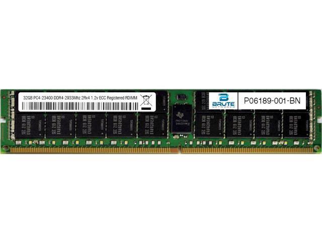 HPE P06189-001 memory module featuring a green PCB with black memory chips, labeled with specifications, and a gold connector edge, designed for DDR4 systems.