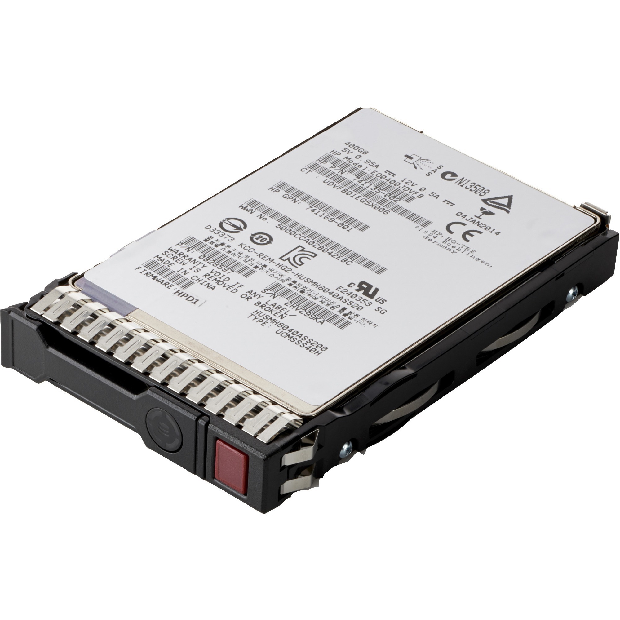 HPE P09712-H21 480 GB 2.5" Serial ATA MLC SSD with a black metal casing, featuring a label with specifications and a red release button on the side.