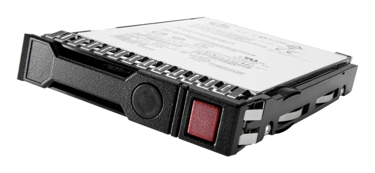 HPE P25247-001 internal hard drive featuring a 16 TB capacity, 7200 RPM speed, 3.5" SAS interface, with a black metal casing and a red release button.