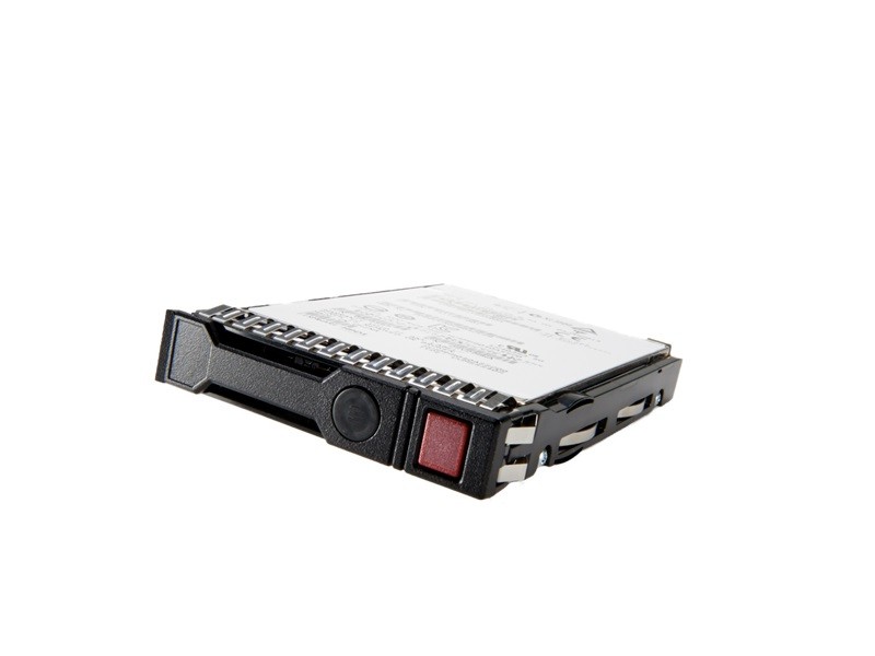 Black and silver internal solid-state drive with a 3.5-inch form factor, featuring a red release button and a label detailing specifications, designed for HPE systems.
